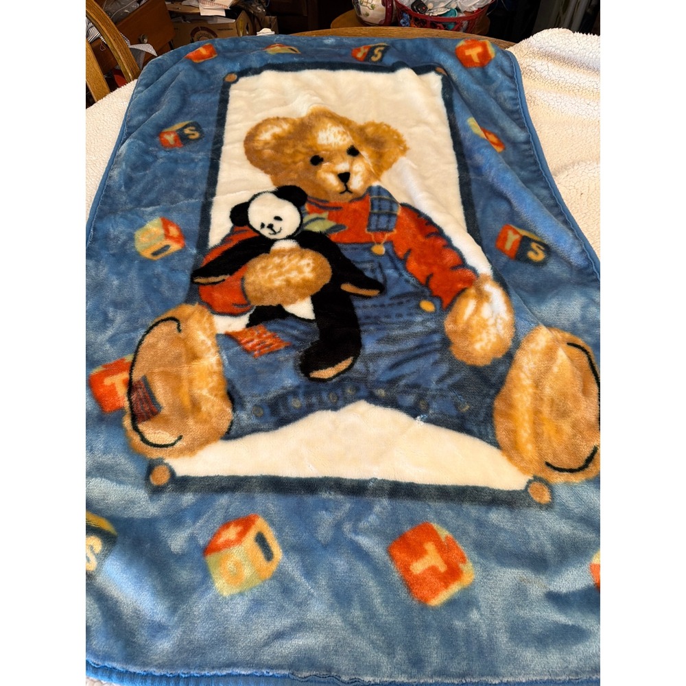 Springmaid Vintage Teddy Bear Panda Plush Baby Blanket Blue Blocks 30x43 Mexico